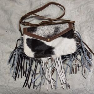 Myra Brown and White Cowhide Fringe Adjustable Shoulder/Crossbody Bag